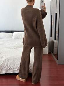 Livesso 女士宽松商务休闲优雅办公室装，棕色高领针织毛衣和直筒裤套装，秋冬 - 棕色 - 查看 4