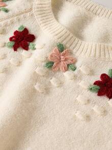 女童乡村手工刺绣可爱圆领长袖针织毛衣上衣，秋冬 - 米色 - 查看 3