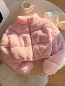 Comfortcana Áo khoác cắt gấu giả lông cừu màu trơn dành cho nữ, Thu/Đông - Hồng - Xem 6