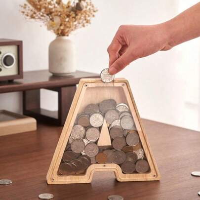 1 pieza Hucha de madera con letra en inglés, Tarro de ahorro de madera transparente, Caja de dinero decorativa de madera con 26 letras en inglés, Regalo exquisito y de moda para fiestas, cumpleaños y graduación