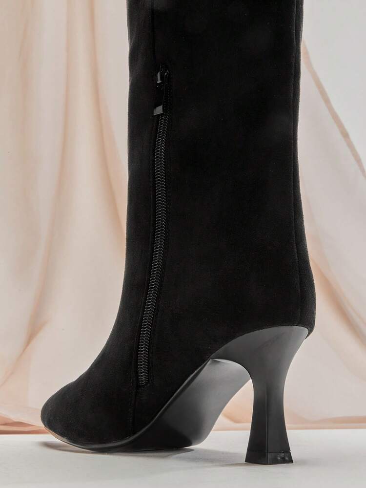 SHUZIA Botas altas hasta la rodilla de tacón de aguja y puntera puntiaguda de tacón alto y estilo sexy de mujer en gamuza sintética - Negro - Añade 7