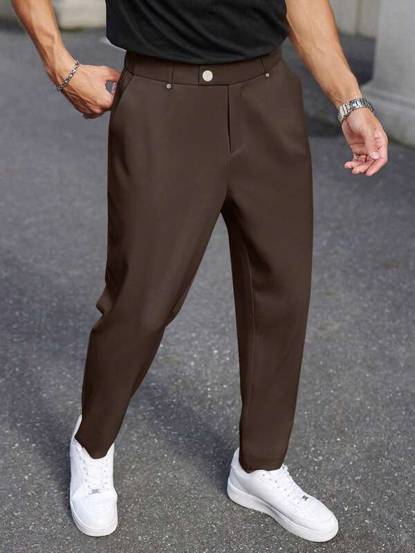 Manfinity Bizformal Pantalones de traje para hombres, pantalones de traje rectos versátiles y casuales para ir al trabajo, diseño de remache en la cintura