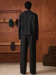 SWAVVY Men's Striped Mandarin Collar Suit Blazer And Pants Set, Business Casual For Commuting, Autumn, Wedding - Multicolor - View 2