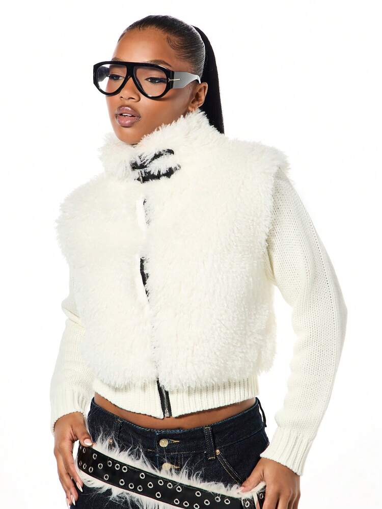 SUMWON WOMEN Faux Fur Knitted Cropped Jacket With Zip