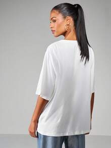 MISSGUIDED Tricou de vară pentru femei, cu mânecă scurtă, cu guler rotund, supradimensionat, cu detalii stras, stil casual, stil simplu - alb - Vizualizare 2