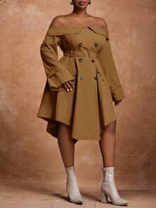Slaydiva Robe asymétrique à épaules dénudées et double boutonnage pour femmes grandes tailles, couleur unie, robe kaki d'automne pour femmes, robe marron café, robe marron élégante pour femmes - Marron - Voir 17