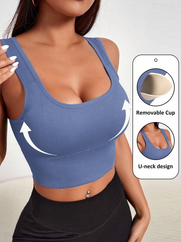 Gameset SHEIN Sport Women Square Neck Minimalist Solid Color Seamless Removable Padded Sports Bra