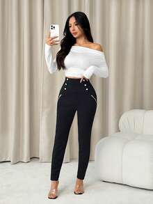 SHEIN PETITE High Waist Button Detail Black Skinny Pants - Black - View 7