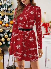 SHEIN Clasi 女士短款圣诞红色连衣裙，适合圣诞节、新年派对