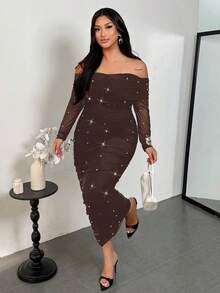 Firerie Đầm maxi trễ vai màu nâu thanh lịch đính ngọc trai nhún bèo ôm sát tôn dáng cho ngày lễ tình nhân dành cho nữ cỡ lớn - màu nâu - Xem 6