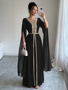 Rafferiza Đầm maxi màu đỏ cổ chữ V ren vàng bồng bềnh, tay dài, dáng chữ A, thiết kế thanh lịch, sang trọng, dành cho nữ, mùa xuân/hè - màu đen - Xem 7