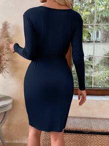 EMERY ROSE 欧美休闲日常百搭长袖宽松针织弹力黑色系带中长连衣裙，秋冬女士 - 藏蓝色 - 查看 2