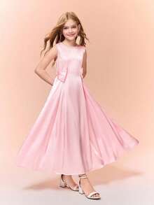 Girls' Elegant Fitted Long Dress With Bow Accent, Suitable For Formal Occasions, Parties, And Galas - Pink - View 1