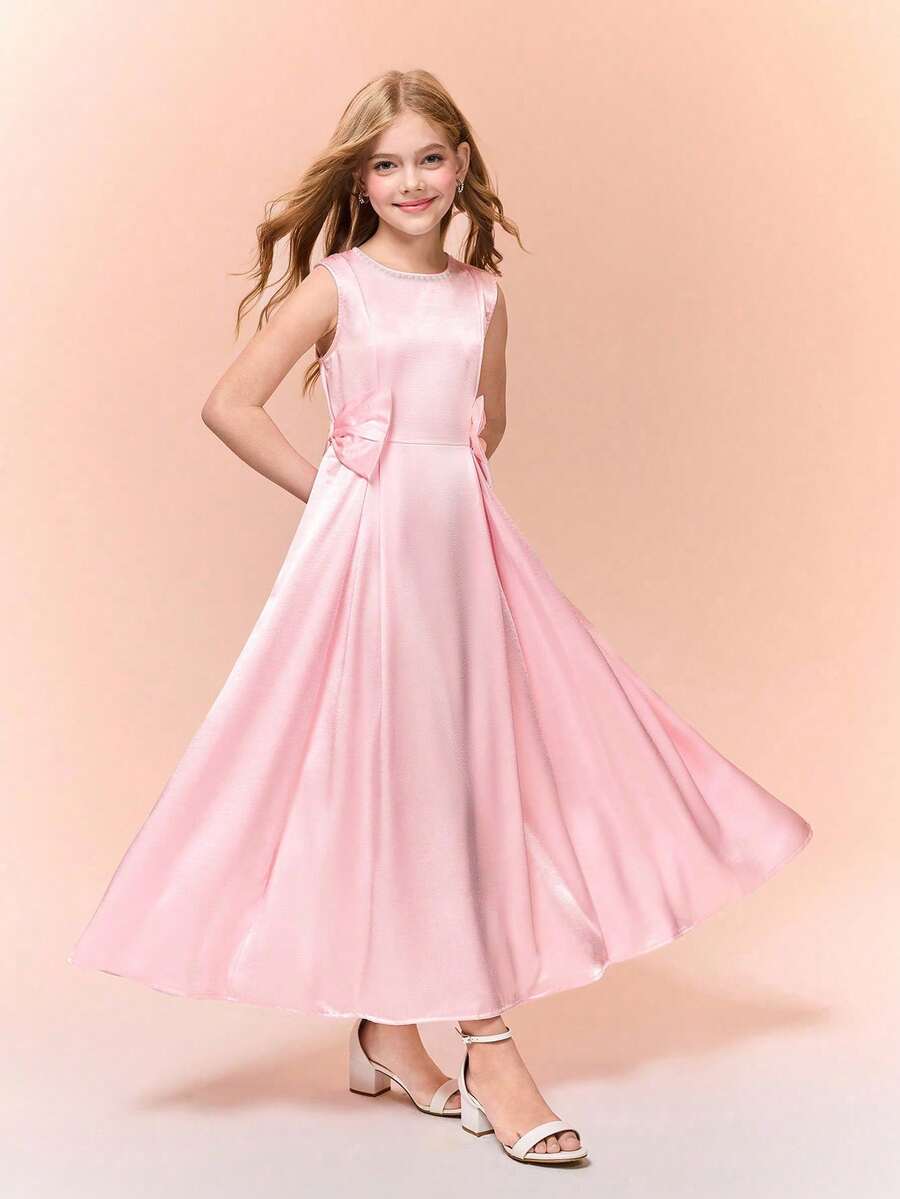 Girls' Elegant Fitted Long Dress With Bow Accent, Suitable For Formal Occasions, Parties, And Galas - Pink - View 1