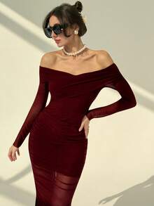 Aloruh Christmas Wine Red & Plum Purple Ruched Off Shoulder Long Sleeve ...