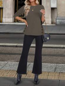 Chiquease 经典纽扣装饰休闲百搭圆领长袖毛衣 - Volcanic Gray - 查看 5