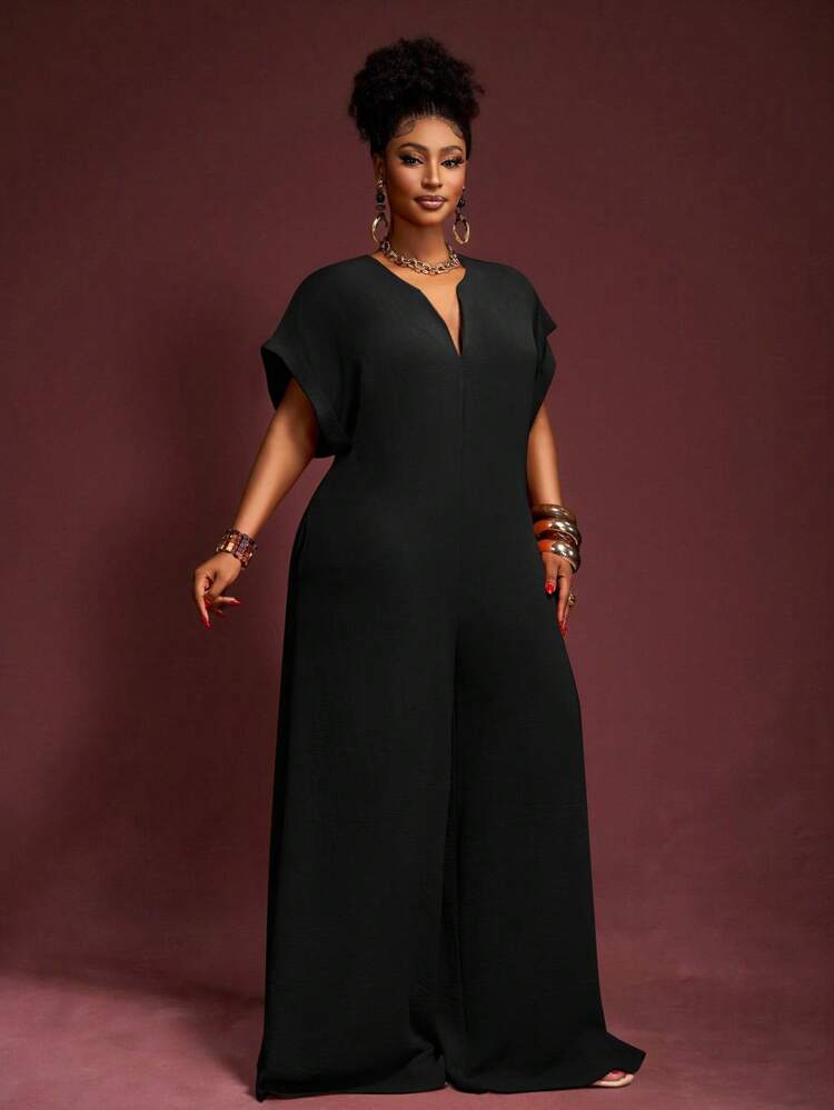 Veslaya 2025 New Vintage Elegant Chocolate V-Neck Short Sleeve Wide Leg Jumpsuit, Plus Size Women, Summer - Black - View 7