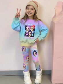 Sparklyn 2pcs/Set KPOP Graphic Print Top, Tween Girl Crew Neck Sweatshirt And Leggings Set, Fashionable Casual, Suitable For Autumn/Winter - Multicolor - View 3