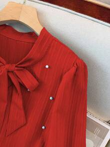 GlowEve CURVE 大码女式纯色系带长袖仿珍珠装饰优雅连衣裙 - 紅色 - 查看 4