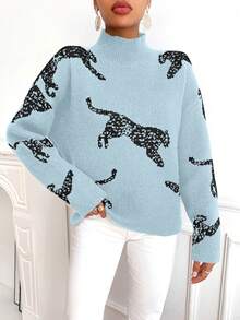 SHEIN Clasi Áo len cổ lọ tay dài họa tiết động vật dành cho nữ - Màu xanh nhạt - Xem 3