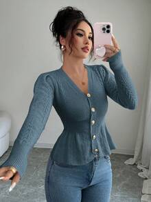 Elenzga Áo len cardigan dệt kim ôm sát cổ chữ V nhún bèo thanh lịch dành cho nữ, thích hợp cho kỳ nghỉ lễ và nghỉ dưỡng, mùa thu/đông - Màu xanh bụi bặm - Xem 6