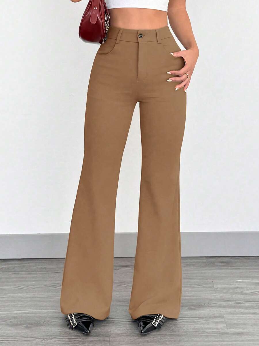 SHEIN EZwear 时尚通勤驼色针织修身喇叭裤 - 駝色 - 查看 1