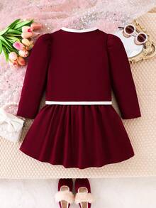 SHEIN Elladie kids 两件套少女时尚白色纽扣黑色长袖假口袋外套，搭配舒适的秋冬两合一半裙套装 - 酒紅色 - 查看 2