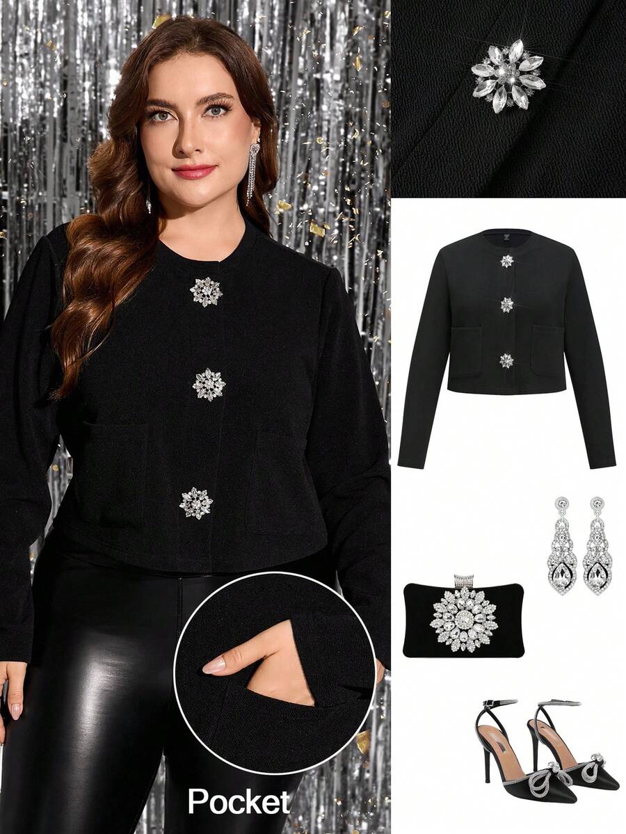 Ellevyn 大码女士优雅黑色外套，饰有水钻纽扣，短款外套，适合秋冬季节穿着。