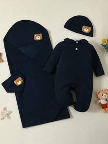 SHEIN Baby Boy Bear & Slogan Graphic Jumpsuit & Hat & Bib & Shawl - Multicolor - View 2