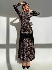 Aloruh Vestido de manga larga con cuello alto y estampado de leopardo para mujer - Multicolor - Ver 4