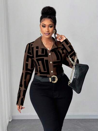 Maweii Plus Size Women Geometric Print Casual Shirt