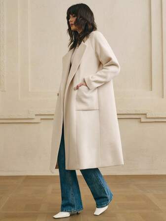 Cévolie 女式纯色插肩袖双排扣宽松优雅长款大衣，秋冬