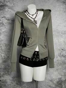 StreetHx Jaqueta com capuz e tachas feminina Streetwear Slim Fit, outono