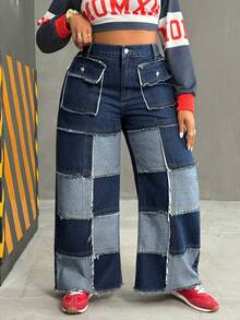 Slaydiva Quần jeans ống loe vá màu xanh không co giãn, phong cách cowgirl, cỡ lớn mùa đông cho nữ, mùa đông - Rửa tối - Xem 6