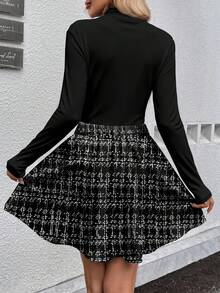 SHEIN LUNE 2pcs/Set Black Ribbed Turtleneck Long Sleeve Top + Plaid A-Line Midi Skirt, Fashionable Casual Outfit For Autumn/Winter