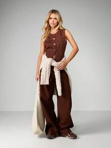 MISSGUIDED 棕色牛仔纽扣前无袖背心，配有胸袋，适合秋季分层穿着的西部风格实用外套 - 棕色 - 查看 3