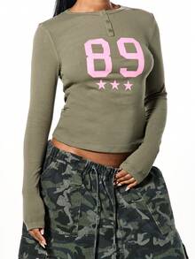 SUMWON WOMEN Varsity Number Henley Long Sleeve Crop Top With Button Placket Detail - Green - View 3