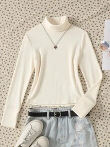 Maglietta a collo alto aderente di colore unito, casual e versatile, adatta a ragazze pre-adolescenti, per autunno, primavera ed estate, maglietta bianca per ragazze per uso domestico e tempo libero - Bianco - Visualizzare 8