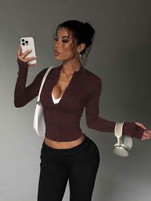 Dewbera Women's Casual Running Fitness Sports Jacket Brown Gym Top Brown Athletic Top - Rust Brown - View 6