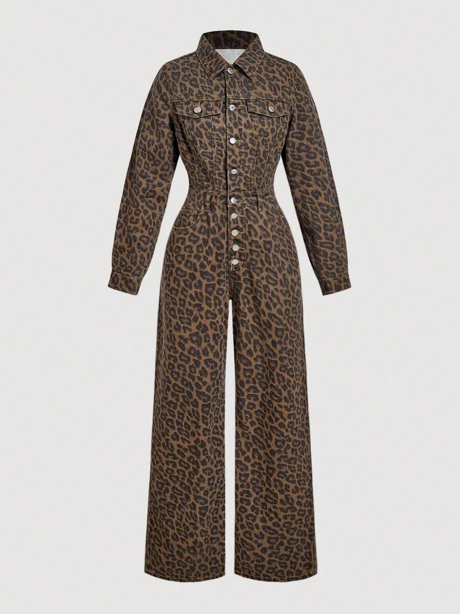 SHEIN Frenchy 时尚复古豹纹长袖女式牛仔连体裤 - 棕色 - 查看 1