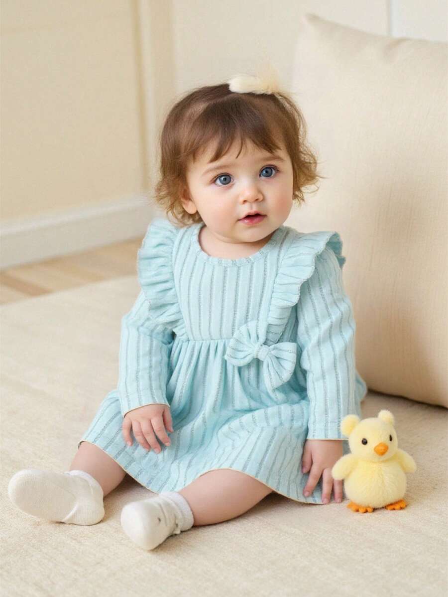 SHEIN Newborn Baby Girl Elegant Bow Decor Long Sleeve Dress, Sweet & Casual Style, Suitable For Spring/Autumn Outings, Vacations, Birthday Parties
