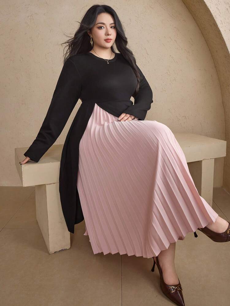 Dazy Plus Plus Size Women Elegant Chiffon Patchwork Bodycon Maxi Dress With Slit Hem, Crew Neck, Spring/Autumn Party Wear