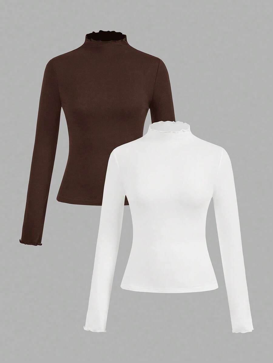 SHEIN EZwear Bộ 2 áo thun dài tay bó sát màu nâu và trắng, thời trang thu đông - Nhiều màu - Xem 1