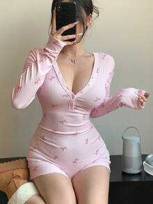 DAZY 女士碎花连体裤，紧身款，V领，长袖，适合春、夏、秋季穿着，女士连体裤家居服套装 - 淺粉色 - 查看 4