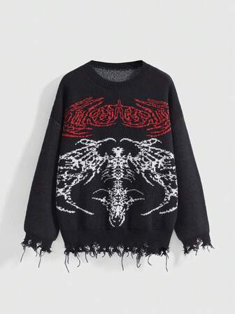 Grunge Punk بلوزة كنزة محبوكة بفتحة واسعة مع جناح هيكل عظمي داكن لأحجام كبيرة