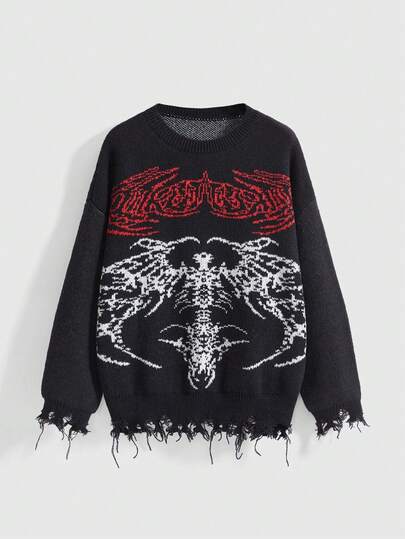 Grunge Punk Maglione oversize a maniche lunghe in maglia larga con motivo punk di ali scheletriche scure