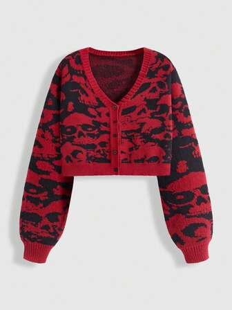 Goth Cardigan in maglia jacquard con teschio gotico scuro, taglie comode per donna
