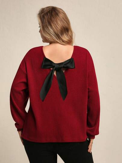 Juhart 大码撞色蝴蝶结长袖T恤