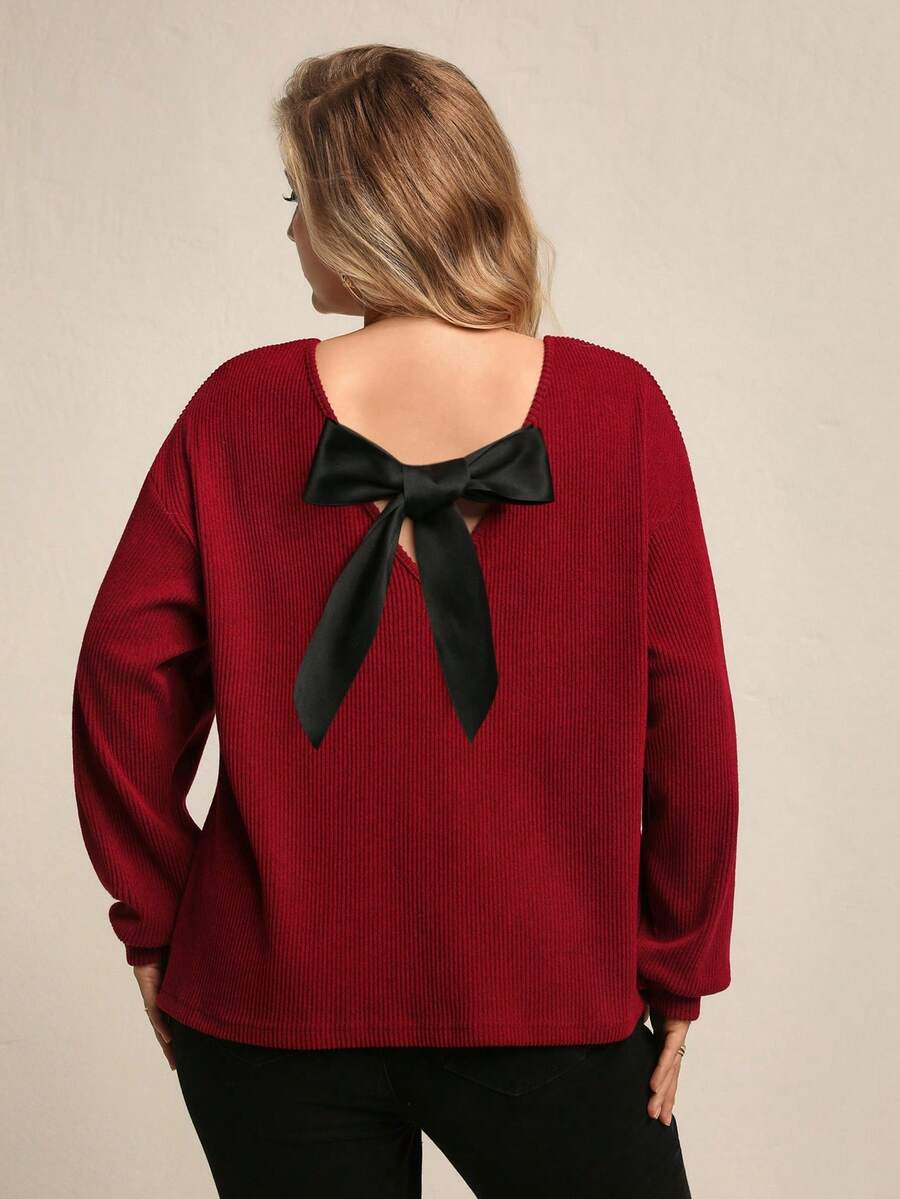Juhart Plus Size Back Bow Long Sleeve Top For Women, Loose Fit, Flattering And Chic - Burgundy - View 1