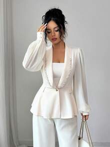 Rafferiza 女士优雅水钻装饰雪纺拼布披肩领单排扣长袖西装外套 - 杏色 - 查看 4